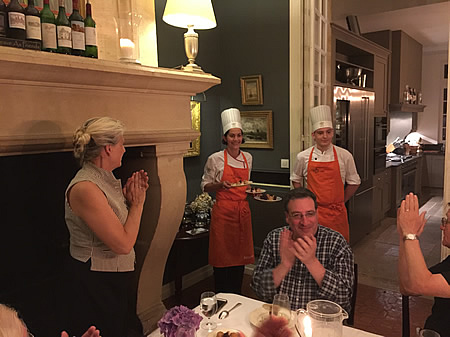 Margaret thanking our private chef for the excellent Farewell Dinner at the June 2018 Grand Cru Tour 1