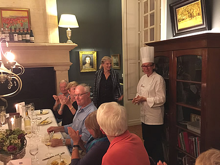 Margaret thanking our private chef for the excellent Farewell Dinner on the 2017 October Grand Cru Harvest Tour