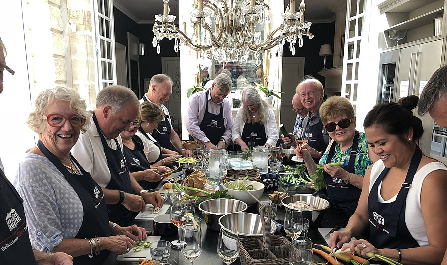 Lunch in the kitchen of Chateau Coulon Laurensac on the 2018 June II Bordeaux Grand Cru Tour is an unforgettable experience