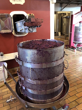 Seeing the wine press in action on the 2018 Bordeaux Harvest Tour III