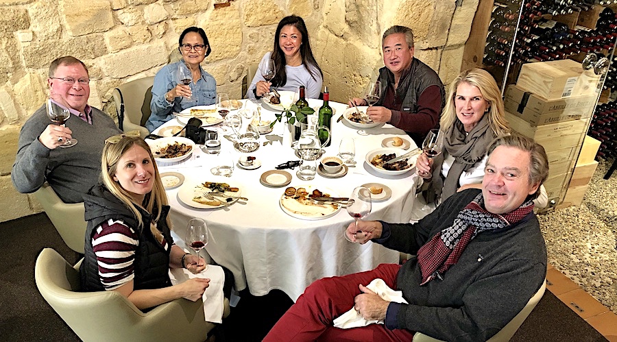 The 2019 Bordeaux Grand Cru Harvest Tour 3 enjoying a lovely lunch in Saint Emilion