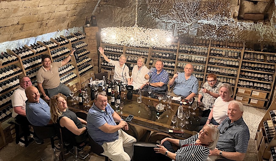 The 2023 Bordeaux Grand Cru Harvest Tour I at First Growth Chateau Margaux tasting in an underground cellar in Saint Emilion